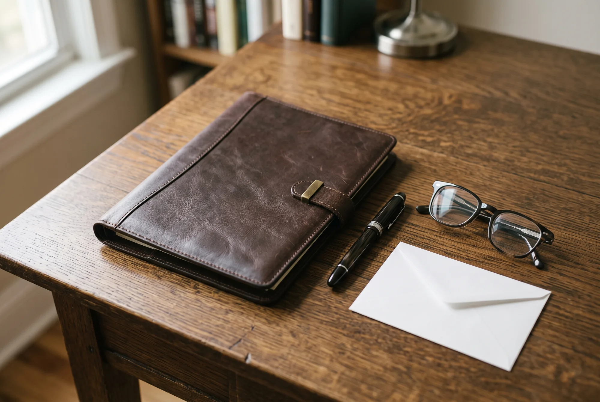 A leather document folder, a fountain pen, reading glasses and a sealed envelope laid out on a wooden desk beside a window